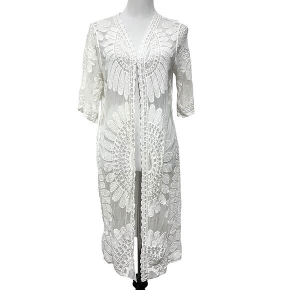 Rebellion Sheer Lace Kimono Duster Boho Festival Mesh Cover Up Womens Size Small - Picture 2 of 9